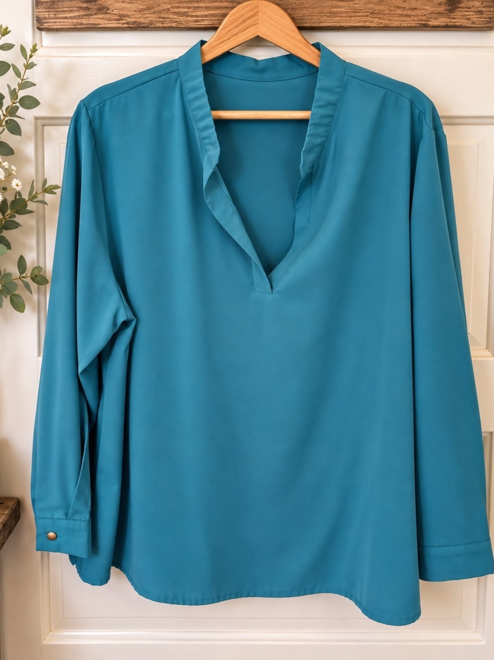 Teal Blue 2XL V Neck Blouse Long Sleeve Flowy Tunic Top Plus Size